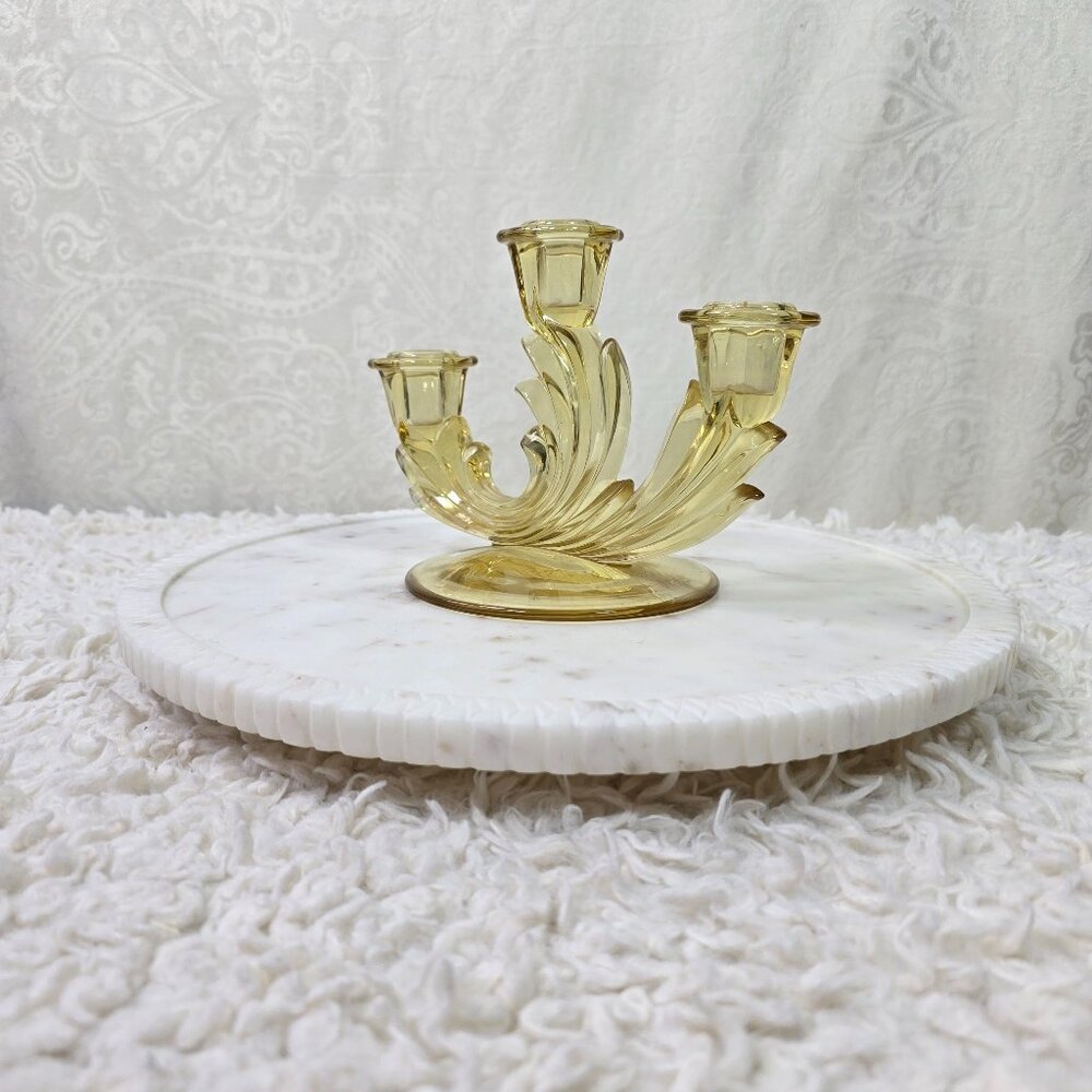 Vintage Fostoria Amber Yellow Baroque Topaz Triple Candlestick Holder